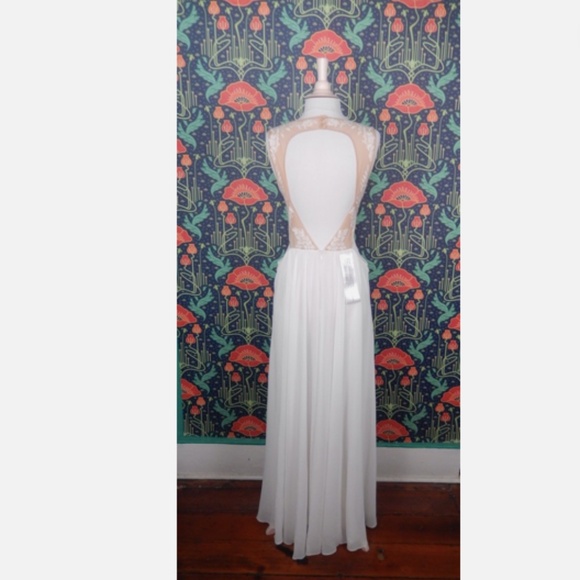Bcbg Max Azria Gisela White Beige Embroidered Cut Out Waist Chiffon Gown Dress 8 - Picture 10 of 11